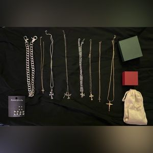 7 necklaces and pendants with 6 pairs of earrings and a silver wallet chain
